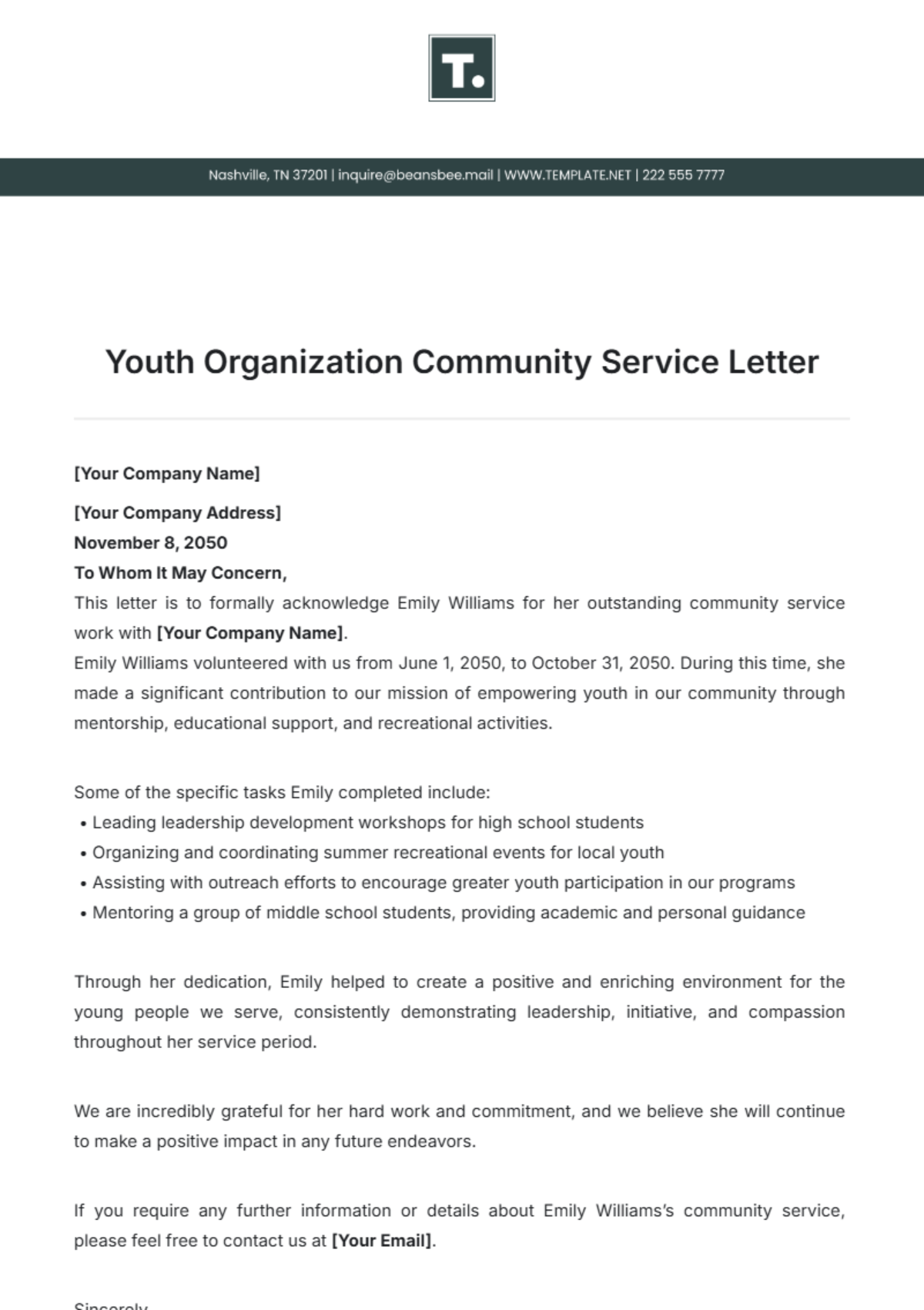 Youth Organization Community Service Letter Template - Edit Online & Download