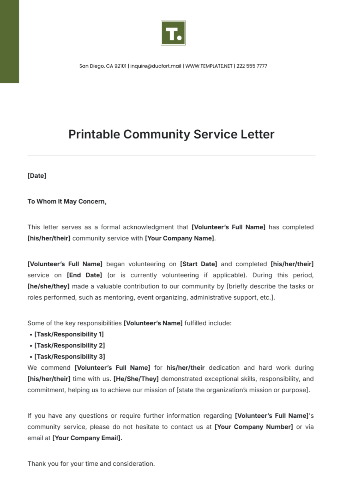 Printable Community Service Letter Template - Edit Online & Download