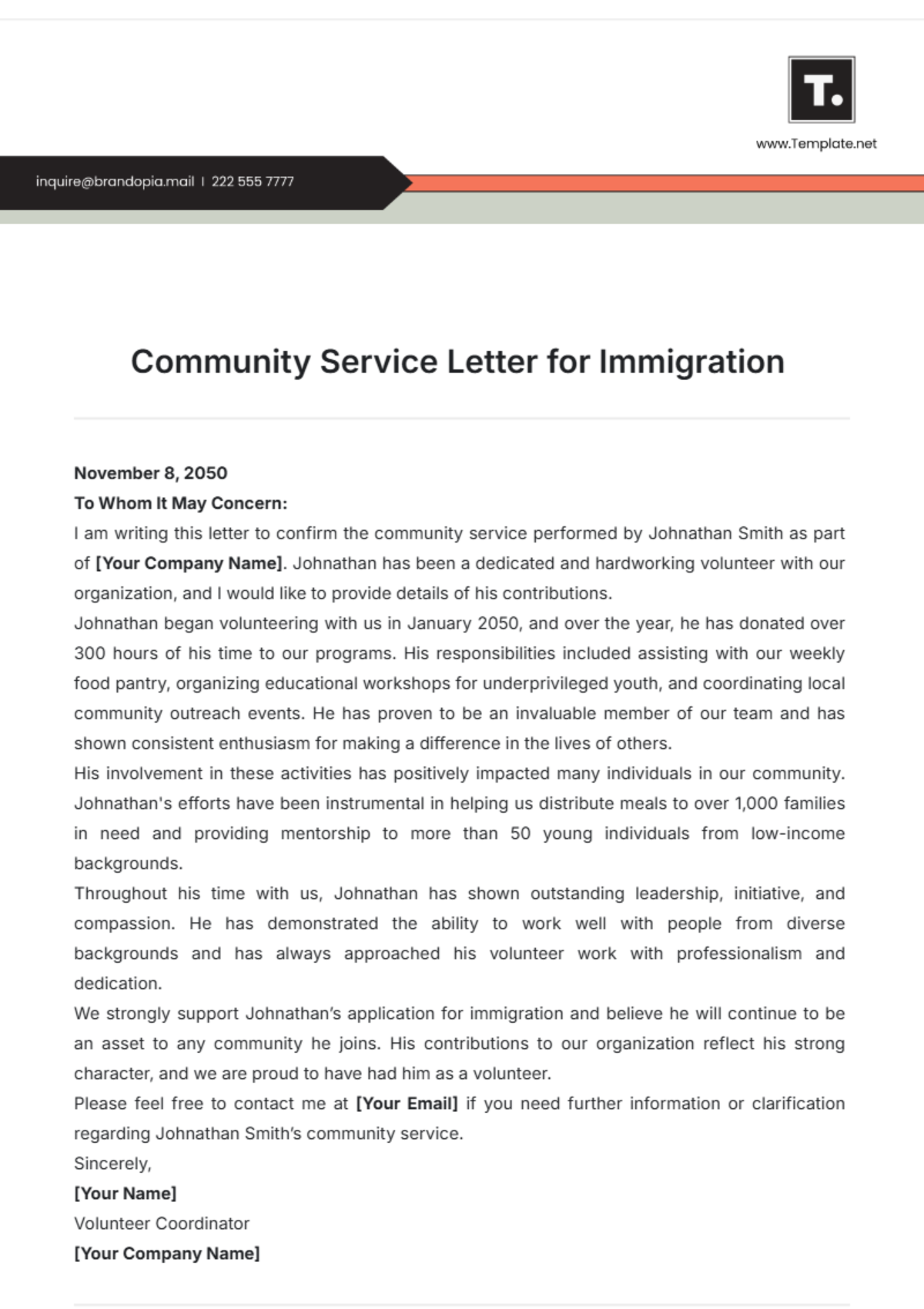 Community Service Letter for Immigration Template - Edit Online & Download