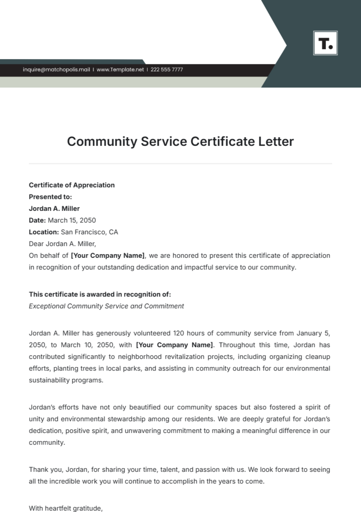 Community Service Certificate Letter Template - Edit Online & Download