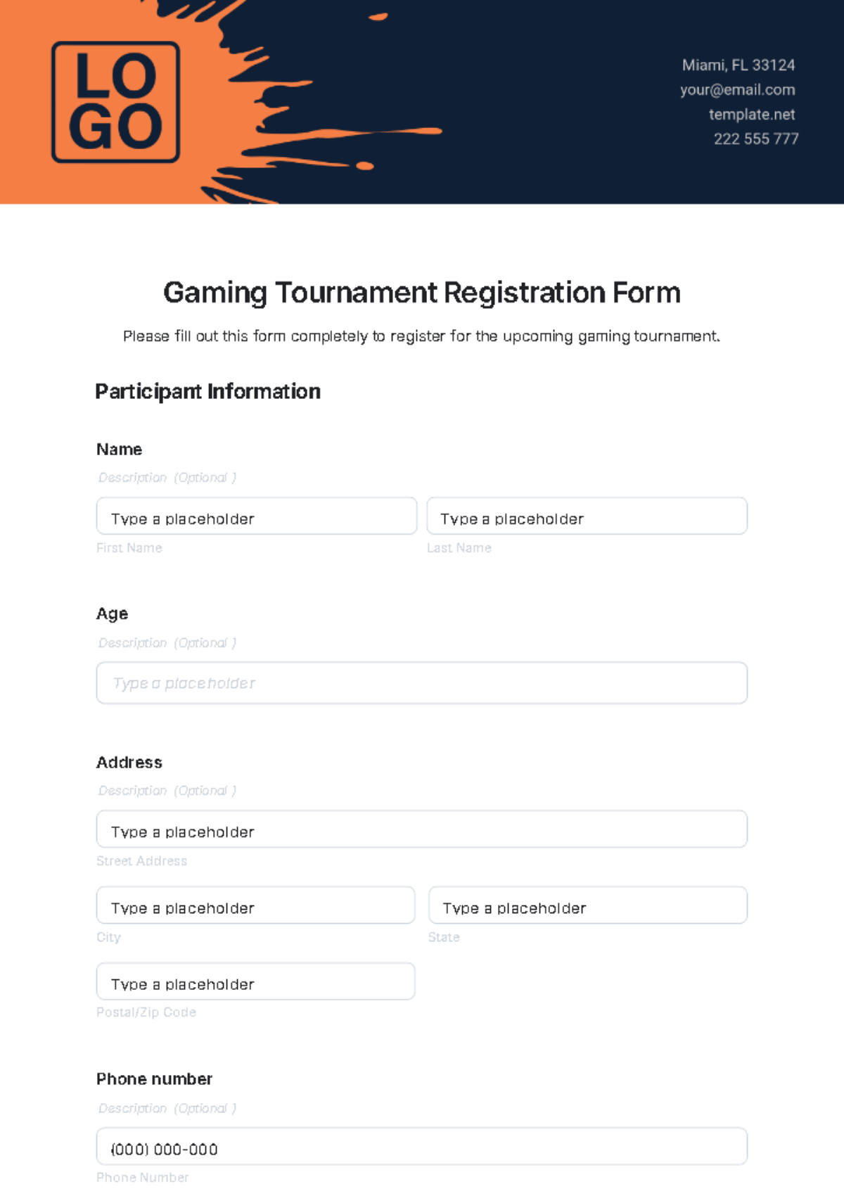 Gaming Tournament Registration Form Template