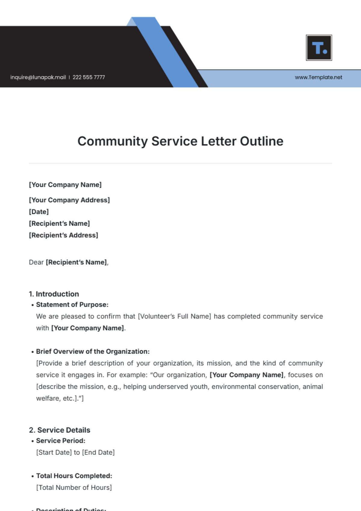 Community Service Letter Outline Template