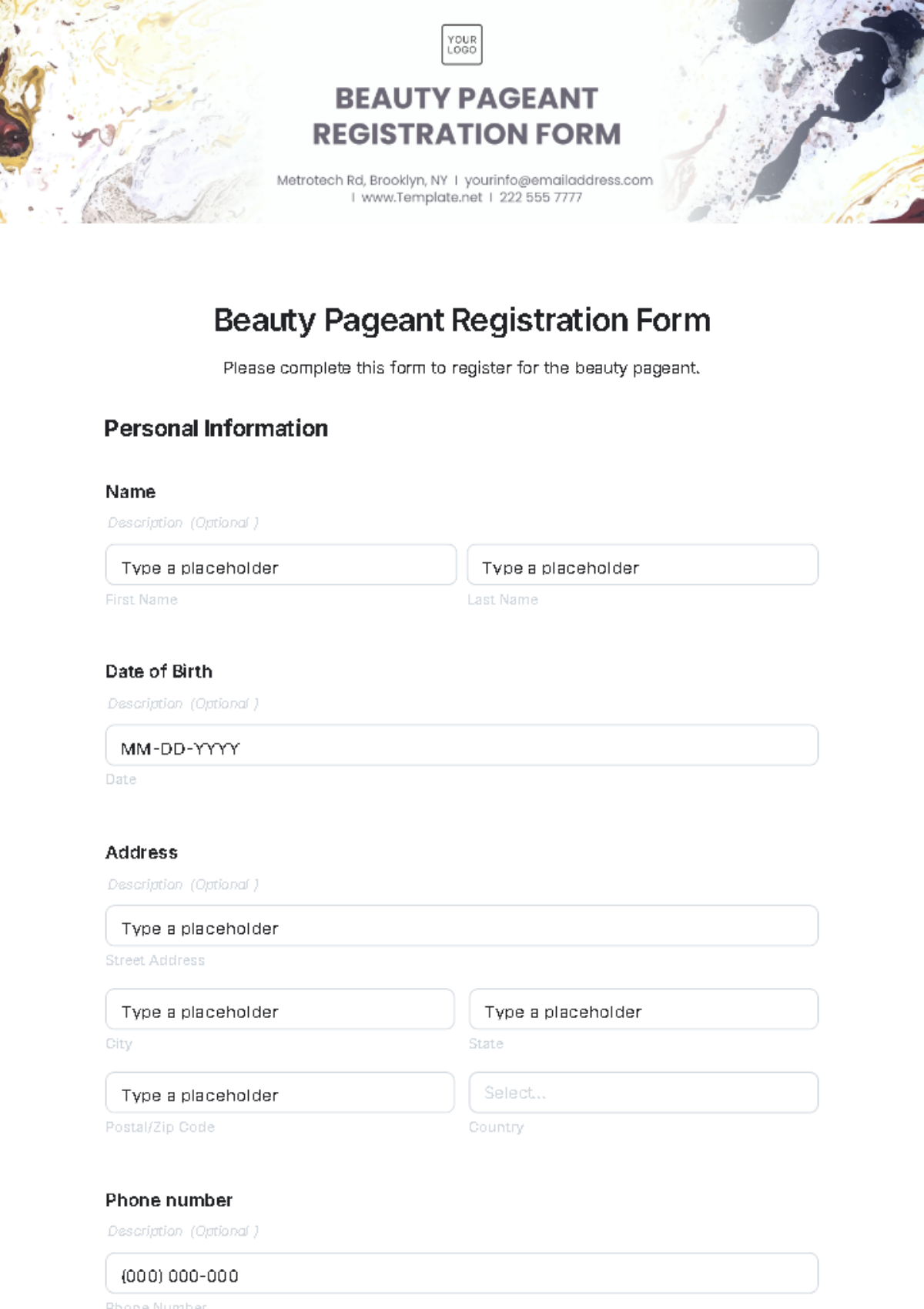 Beauty Pageant Registration Form Template