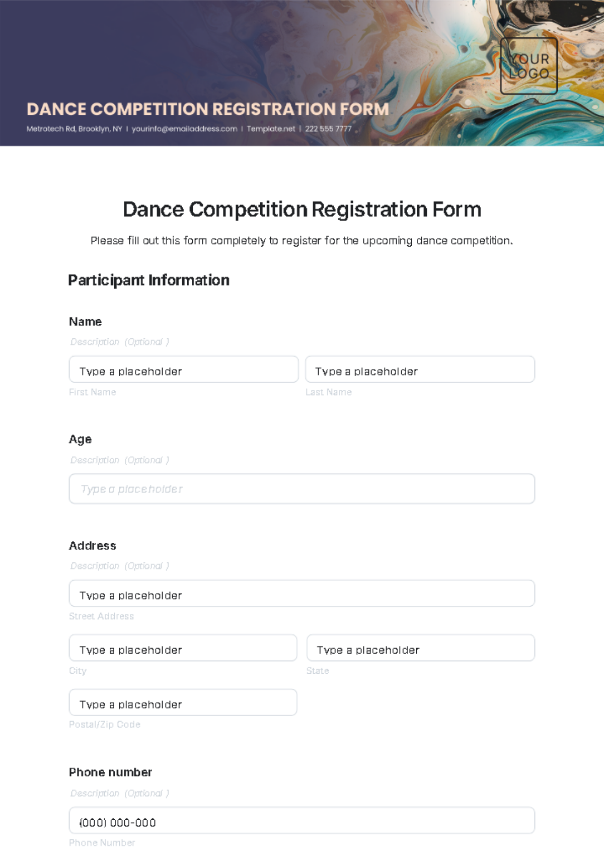 Dance Competition Registration Form Template