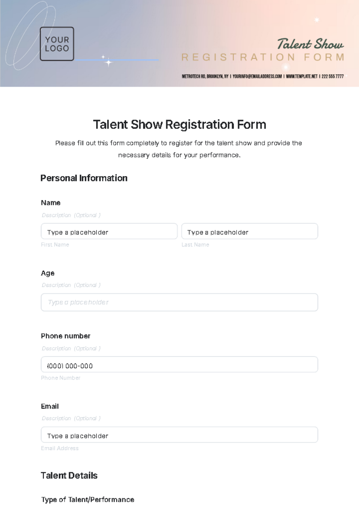 Talent Show Registration Form Template - Edit Online & Download