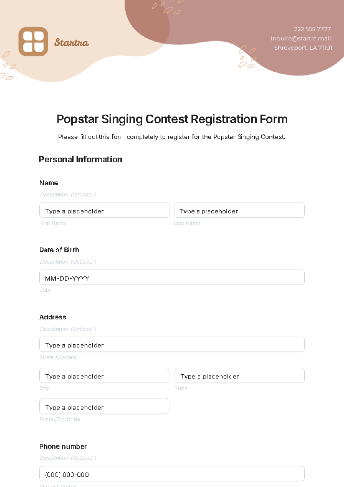 Popstar Singing Contest Registration Form Template - Edit Online & Download