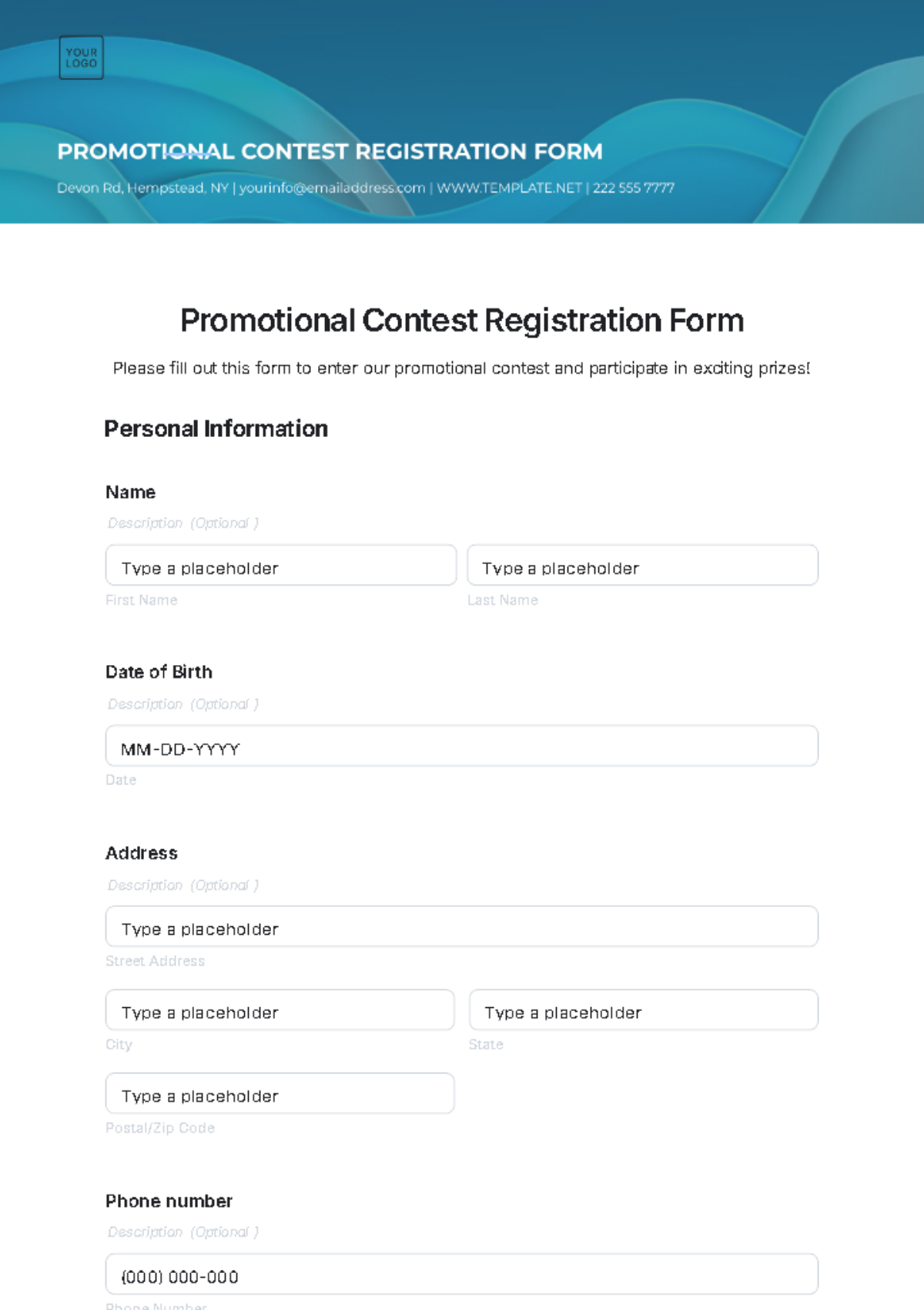 Promotional Contest Registration Form Template - Edit Online & Download