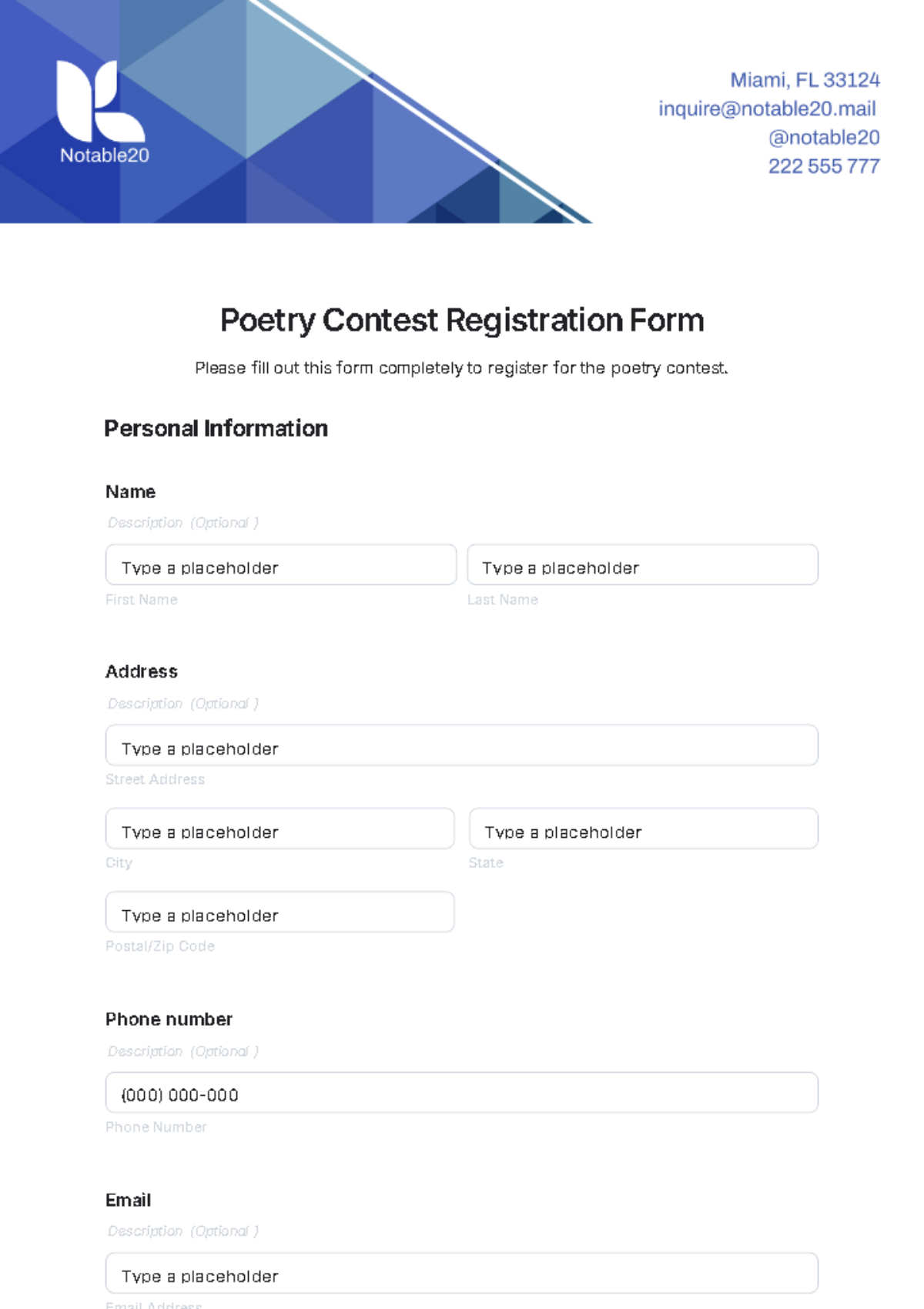 Poetry Contest Registration Form Template - Edit Online & Download