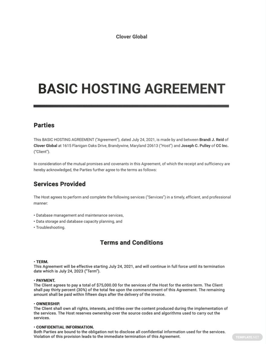 Free Basic Hosting Agreement Template