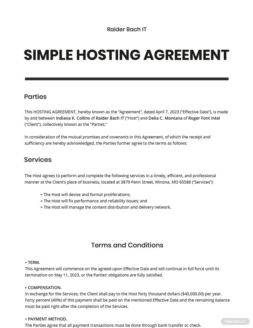 Simple Hosting Agreement Template