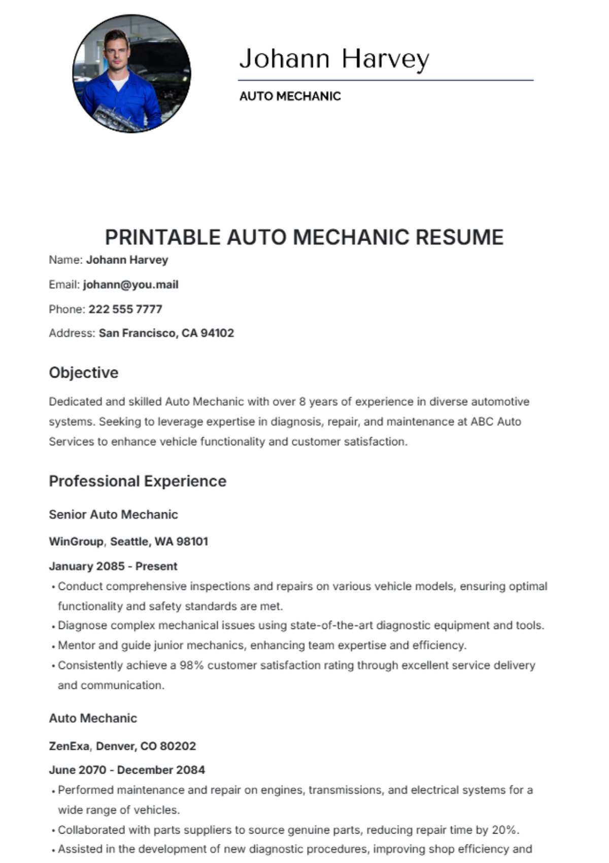 Printable Auto Mechanic Resume Template - Edit Online & Download