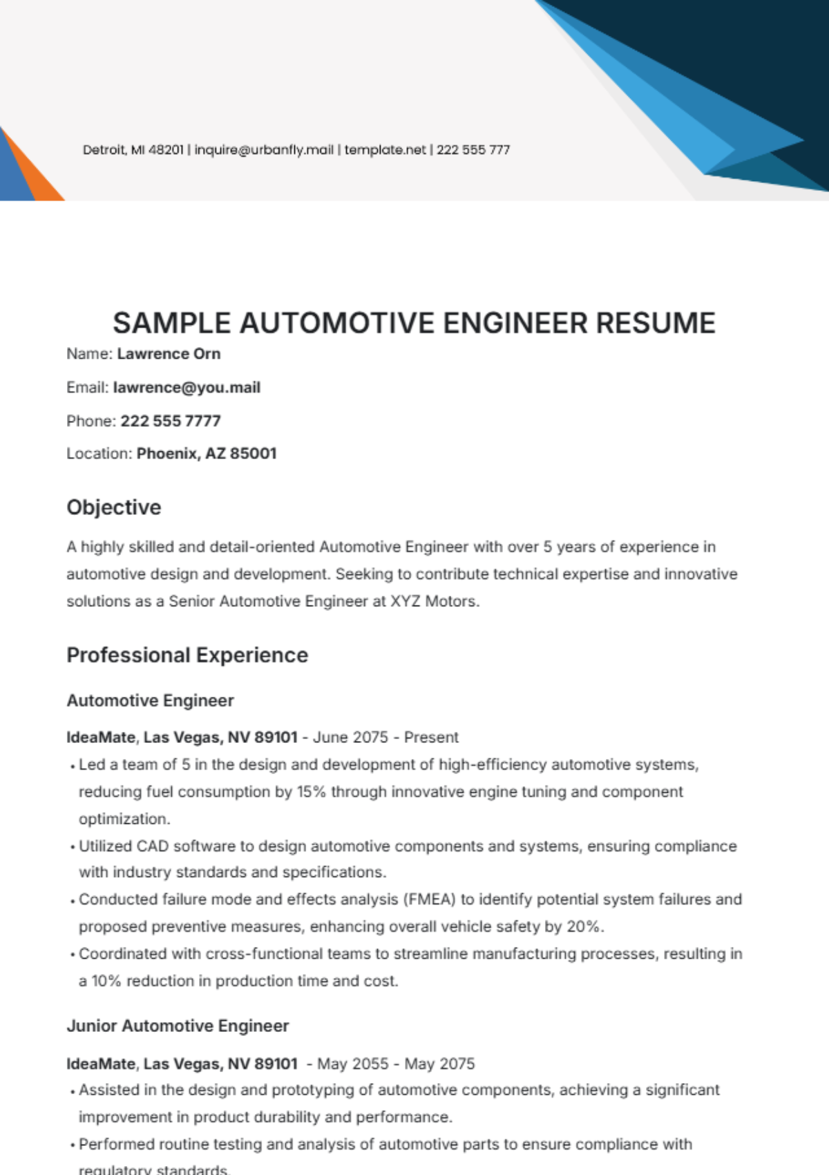 Sample Automotive Engineer Resume Template - Edit Online & Download