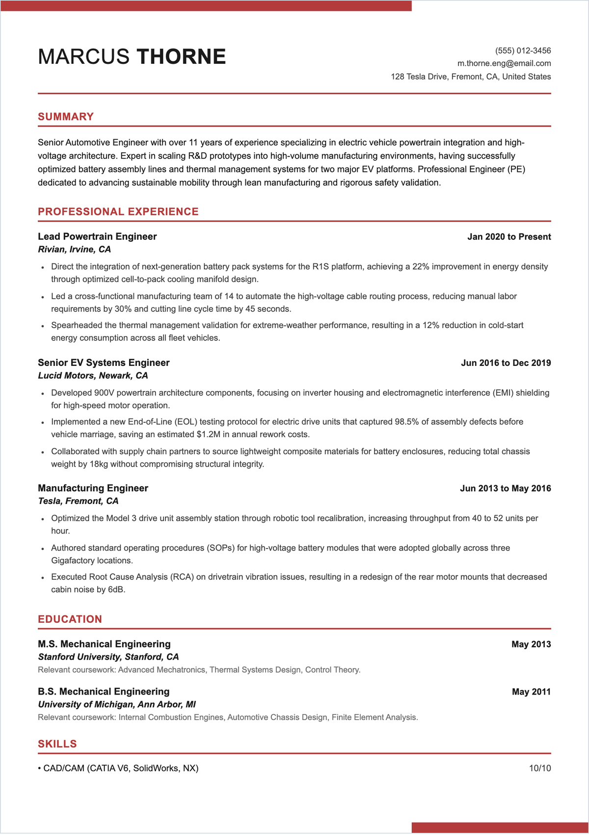 Free Sample Automotive Engineer Resume Template To Edit Online