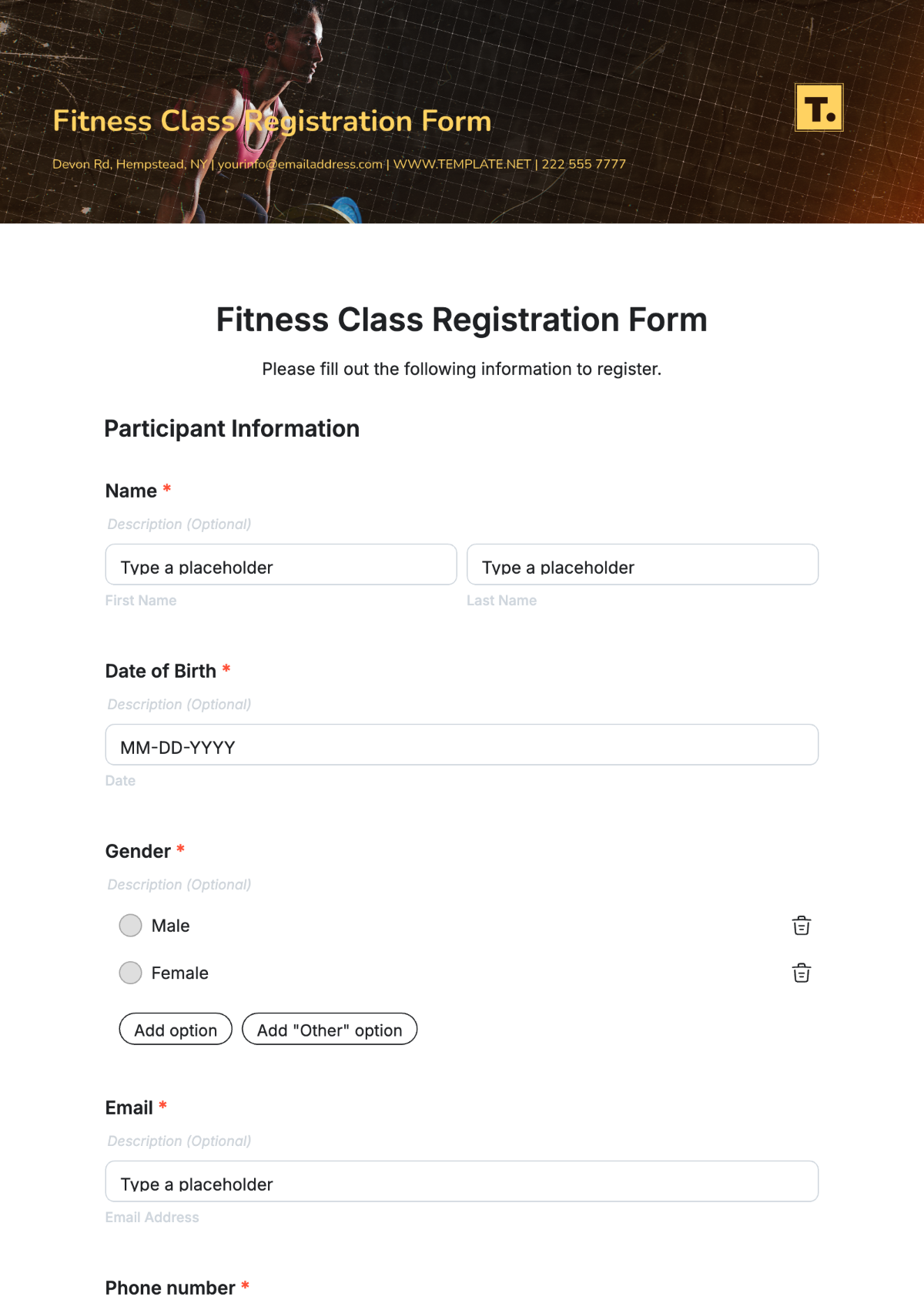 Fitness Class Registration Form Template - Edit Online & Download