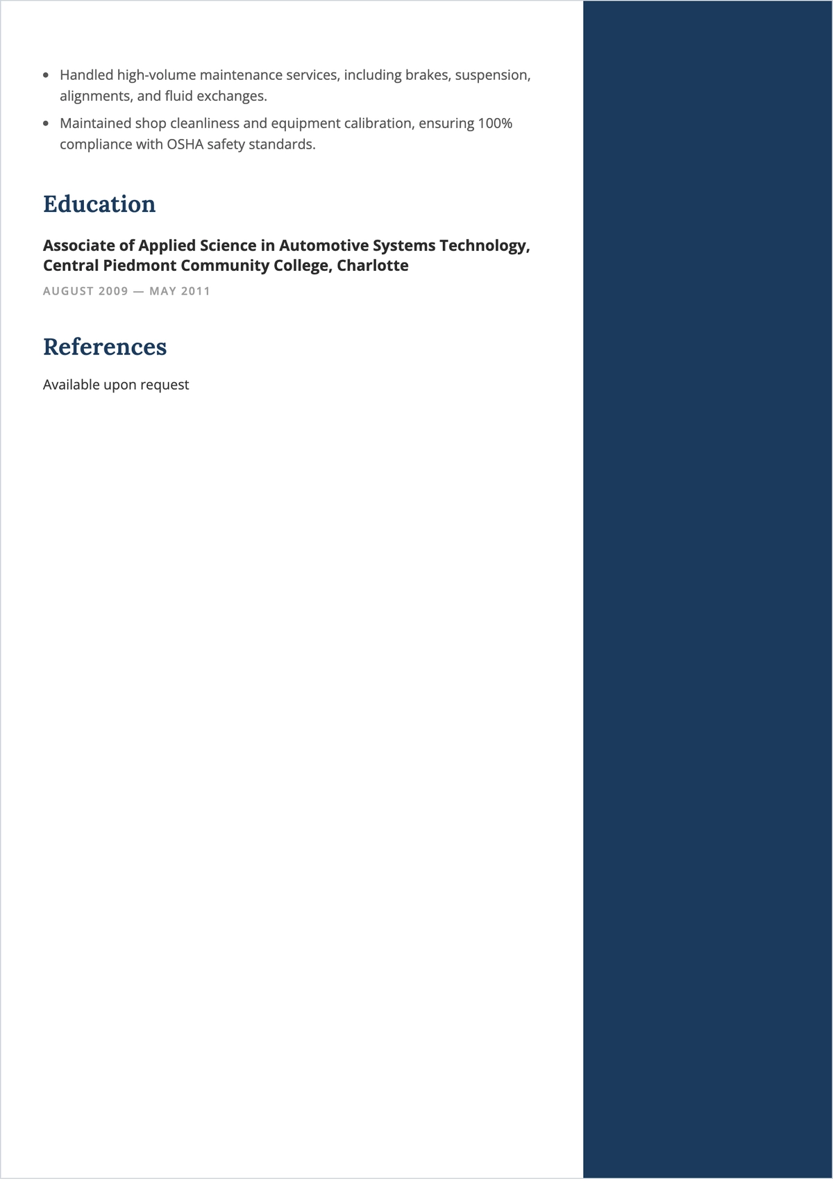 Free Professional Mechanic ATS Resume Template, AI Resume Builder