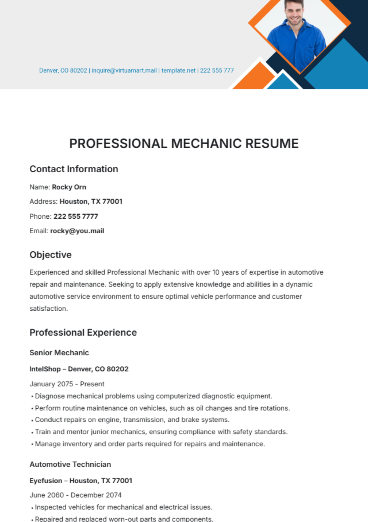 Professional Mechanic Resume Template - Edit Online & Download