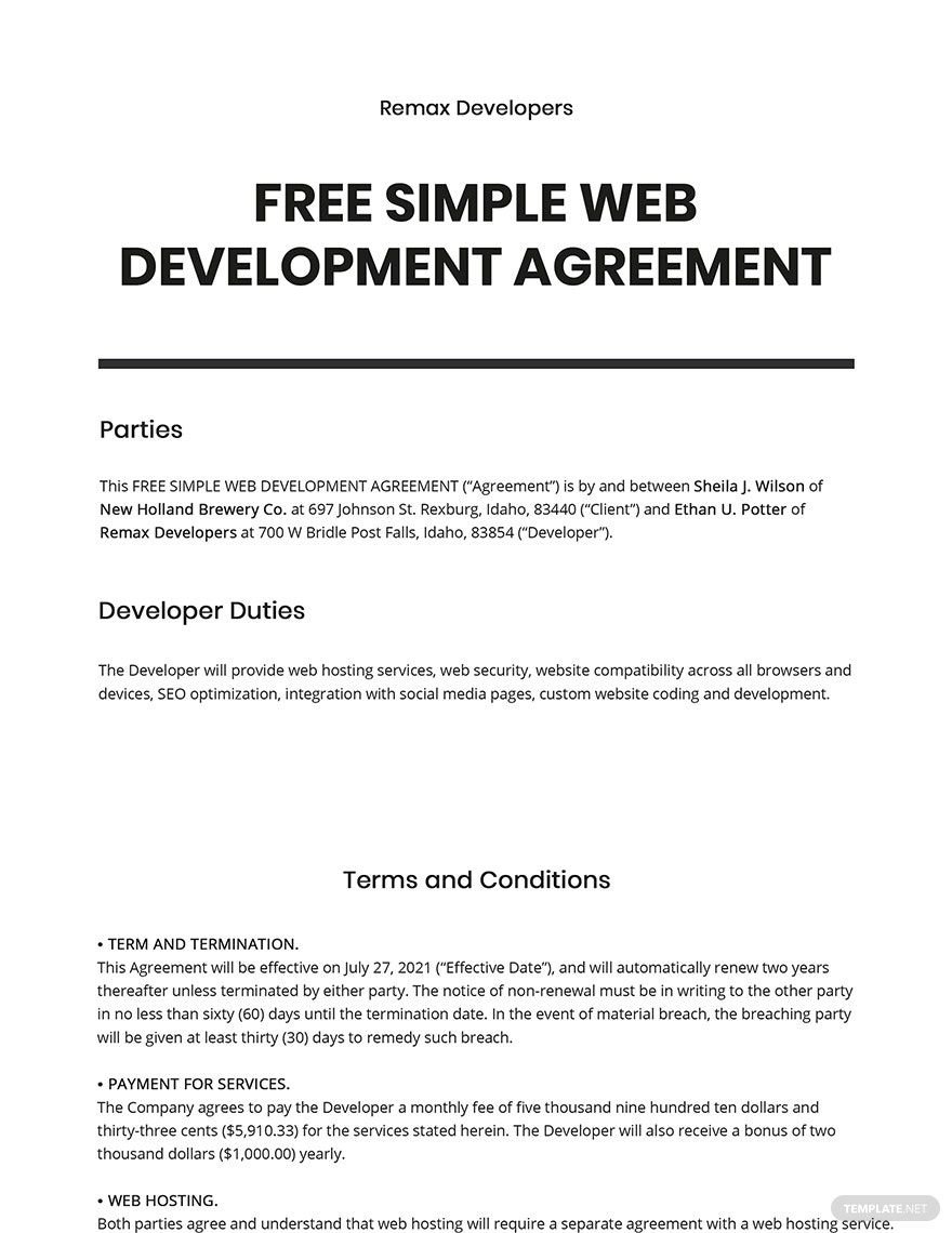 Simple Web Development Agreement Template