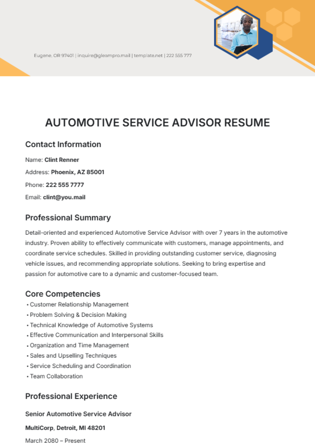 Automotive Service Advisor Resume Template - Edit Online & Download