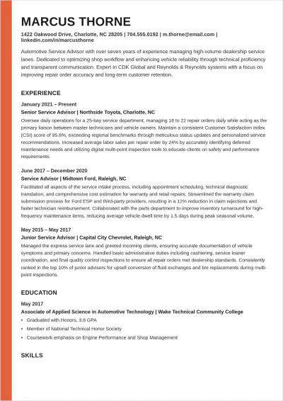 Free Automotive Service Advisor ATS Resume Template, AI Resume Builder