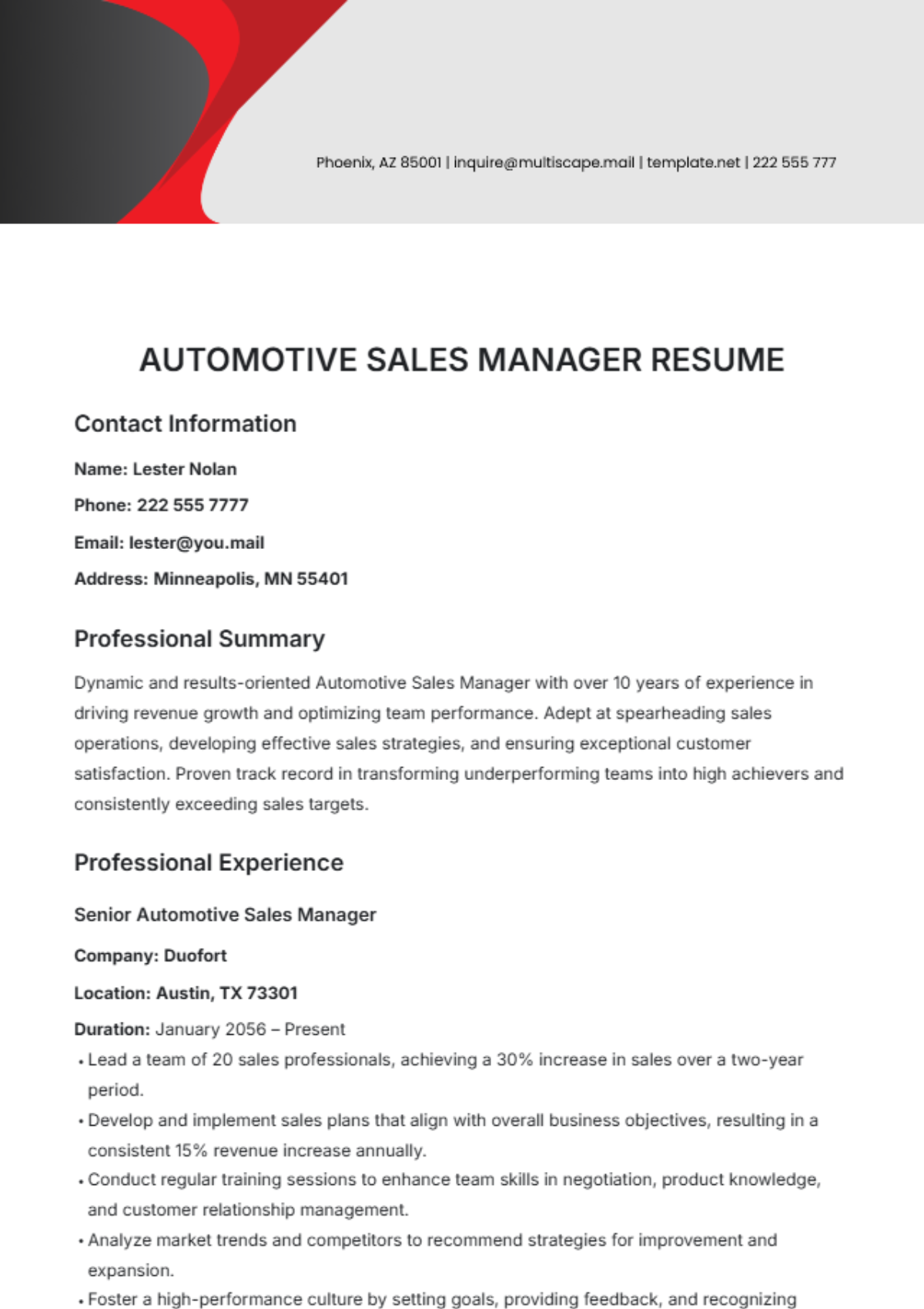 Automotive Sales Manager Resume Template - Edit Online & Download