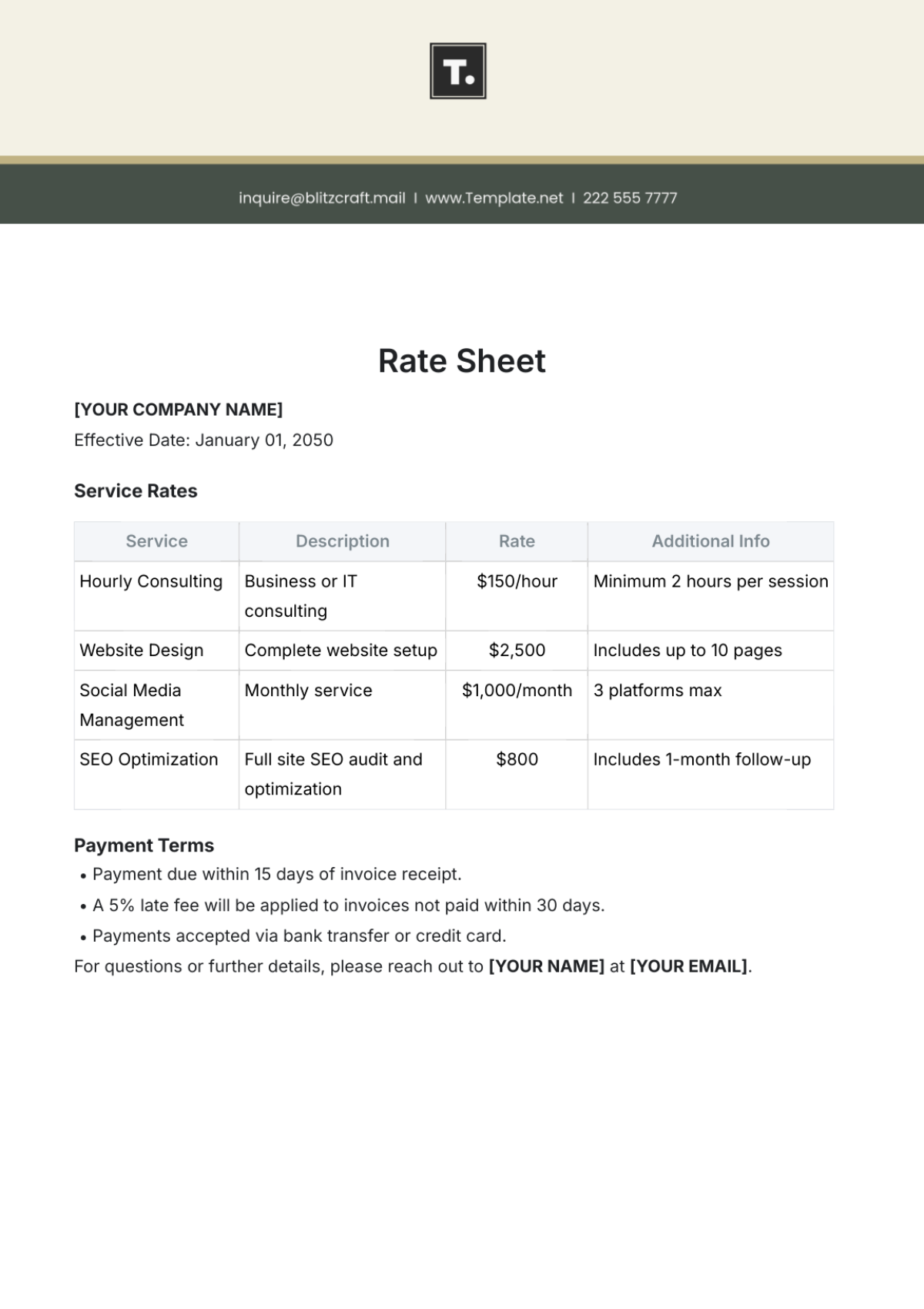 Rate Sheet Template - Edit Online & Download