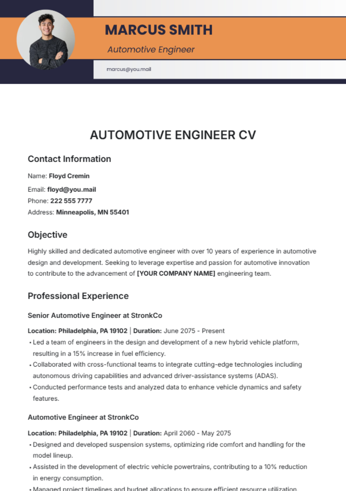 Automotive Engineer CV Template - Edit Online & Download