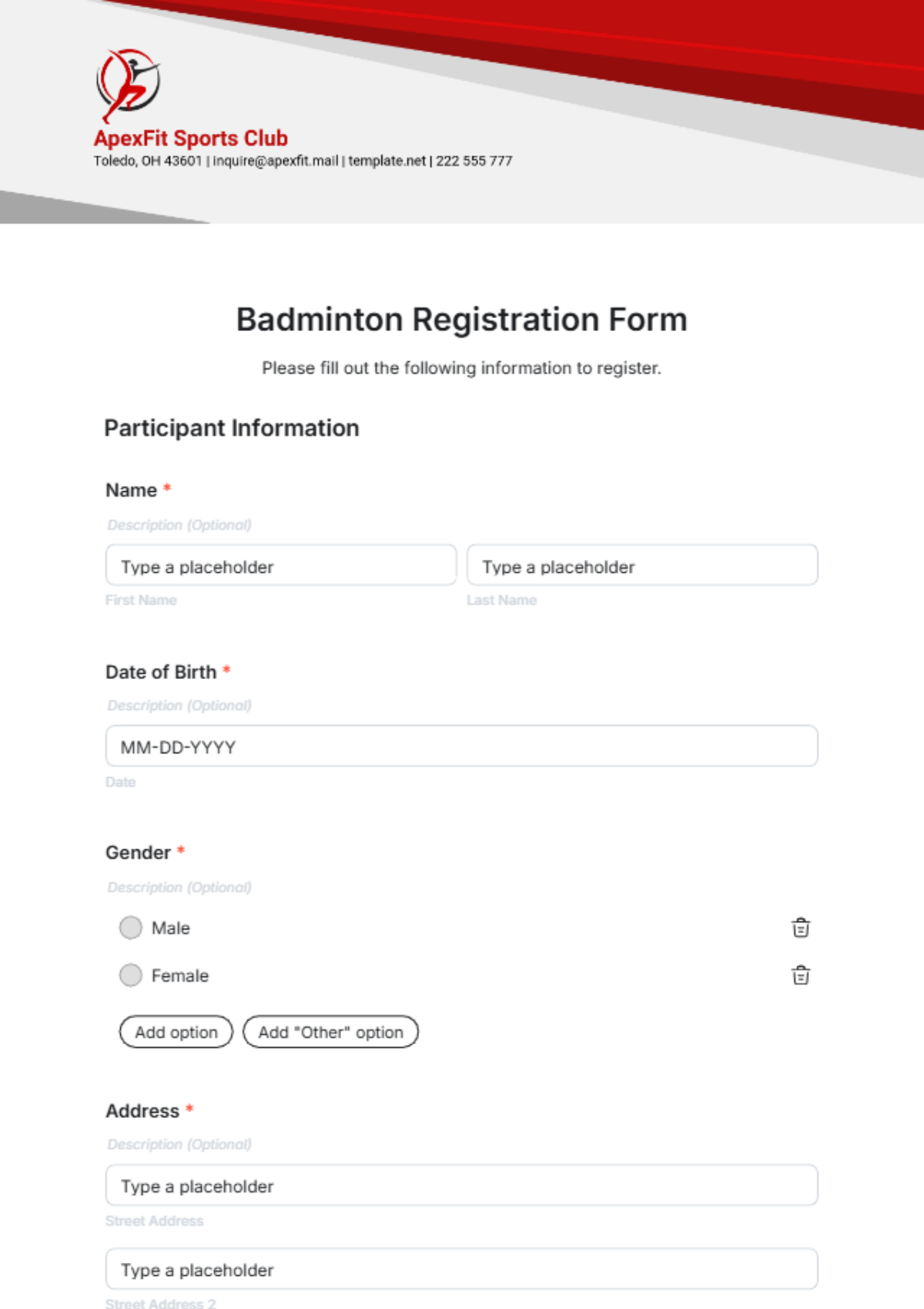 Badminton Registration Form Template - Edit Online & Download