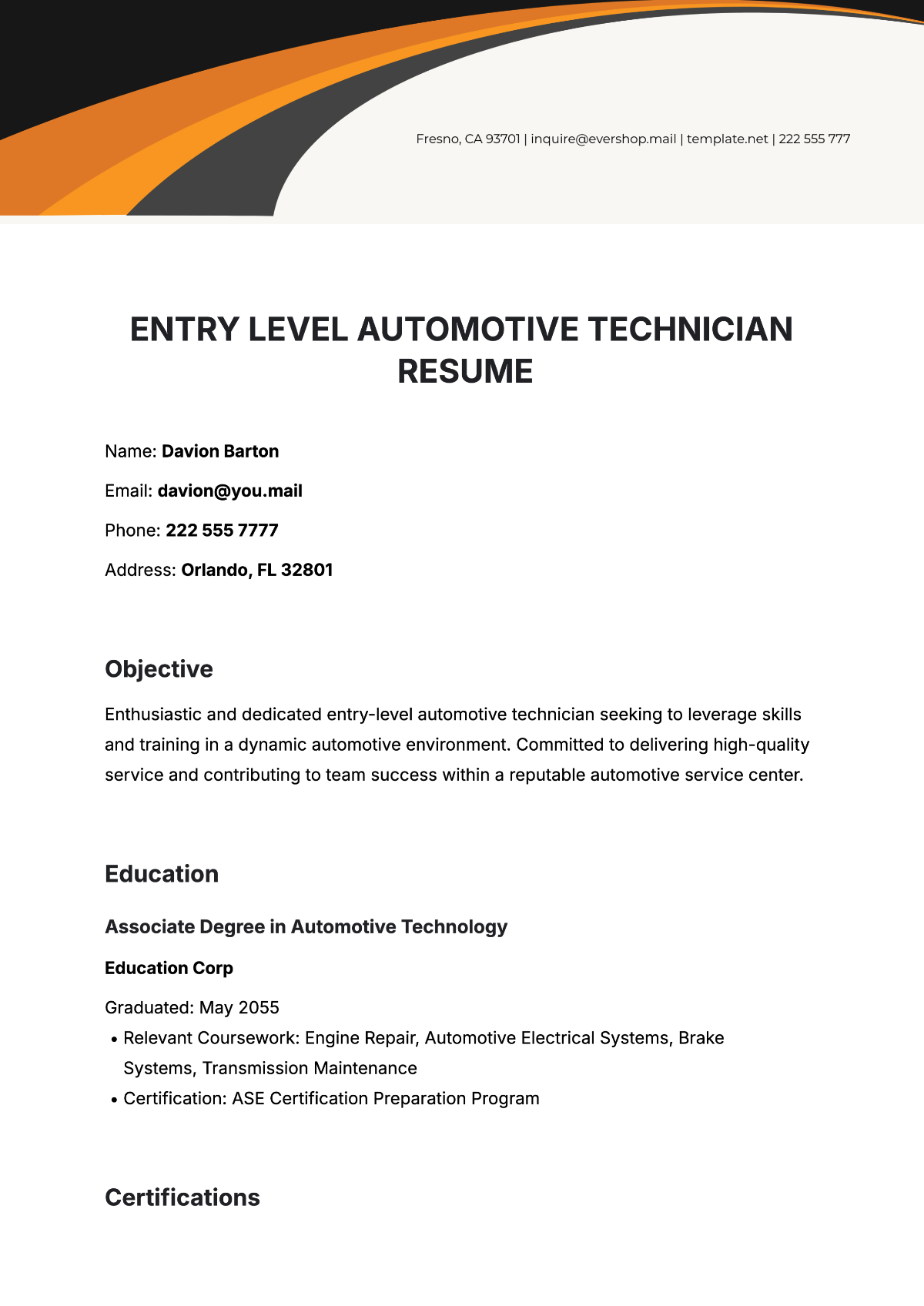 Entry-Level Automotive Technician Resume Template - Edit Online & Download