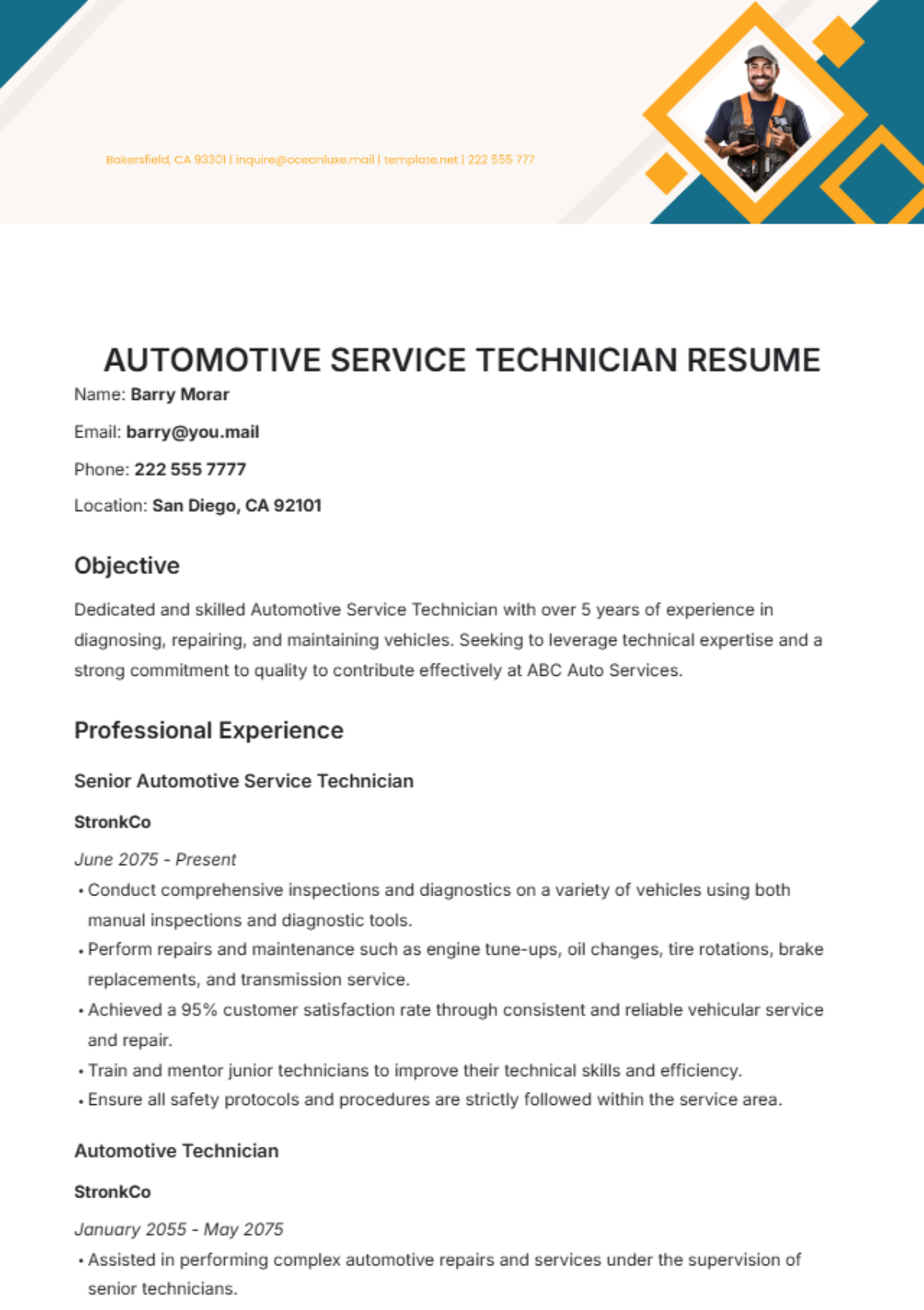 Automotive Service Technician Resume Template - Edit Online & Download