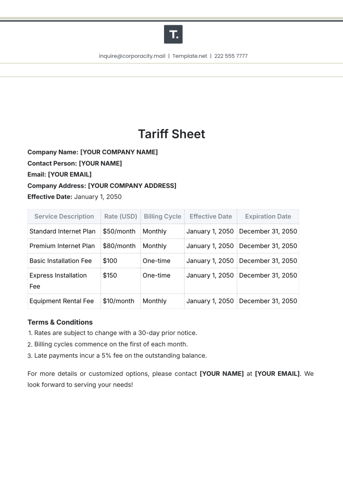 Tariff Sheet Template - Edit Online & Download