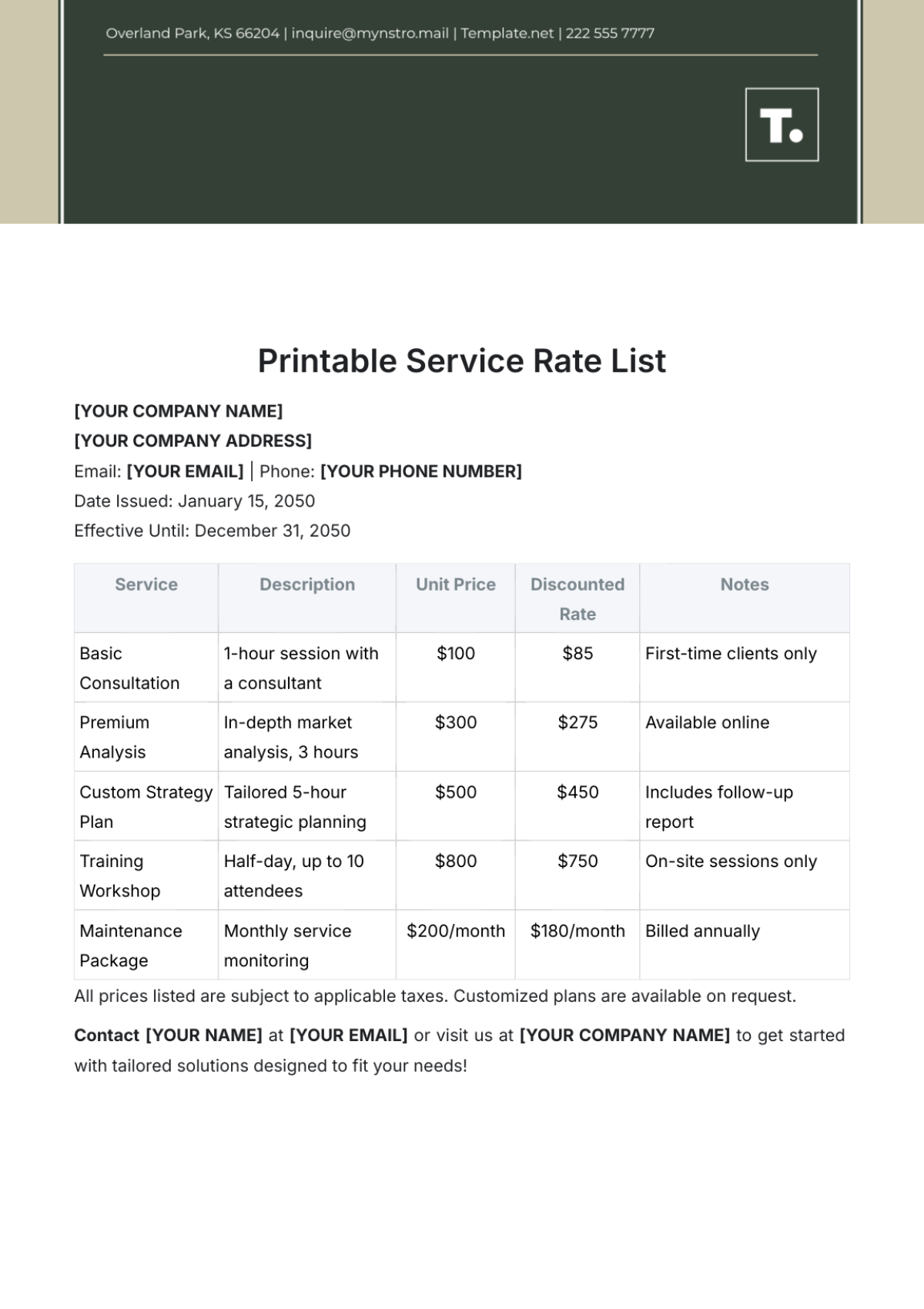 Printable Service Rate List Template - Edit Online & Download