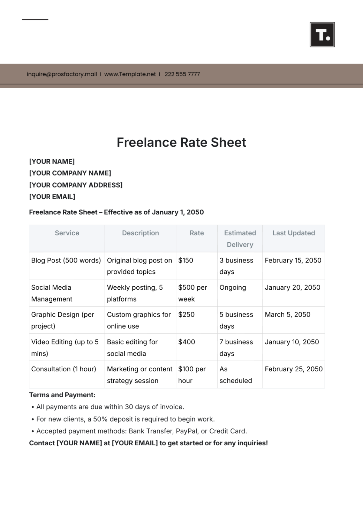 Freelance Rate Sheet Template - Edit Online & Download