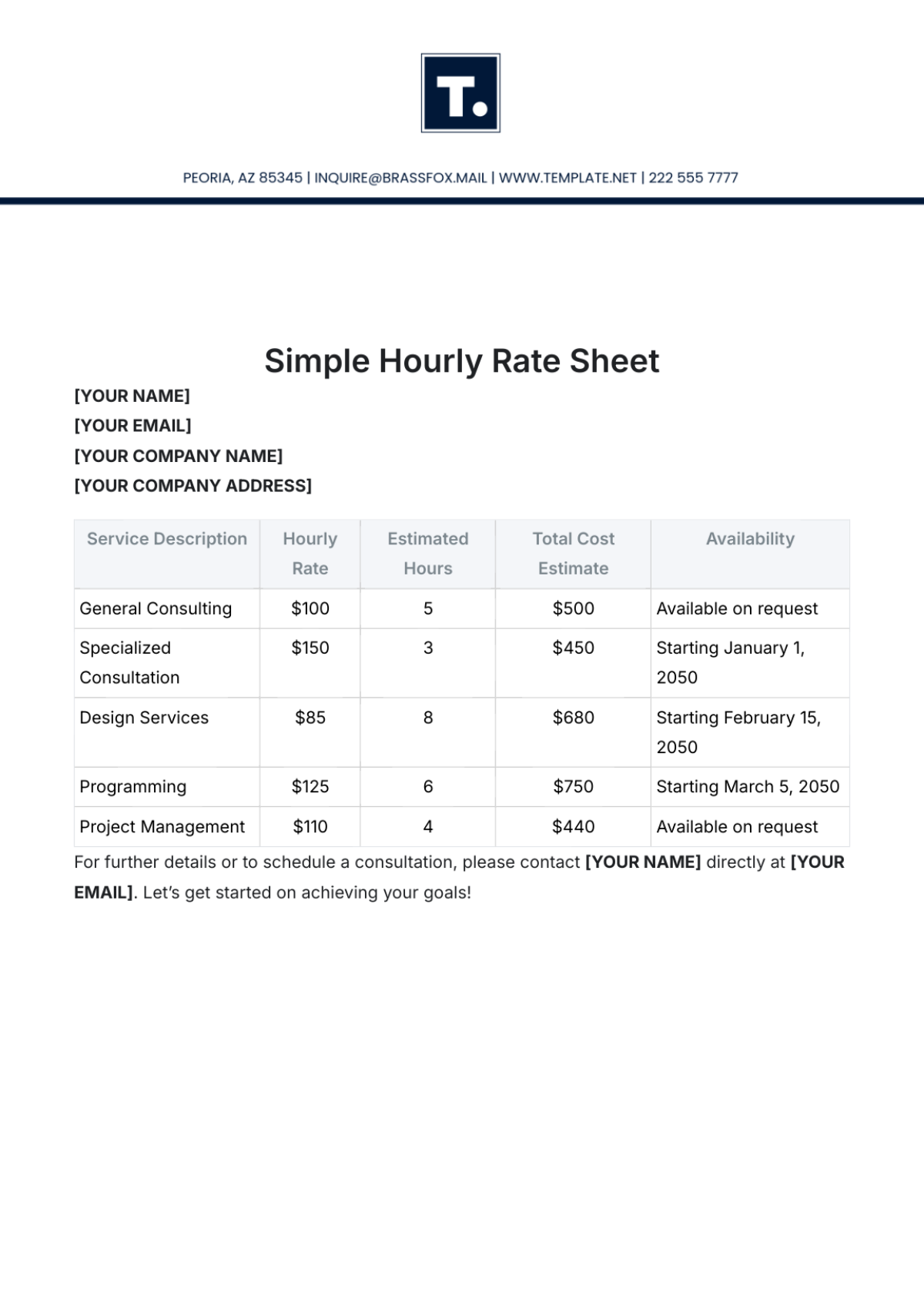 Simple Hourly Rate Sheet Template - Edit Online & Download