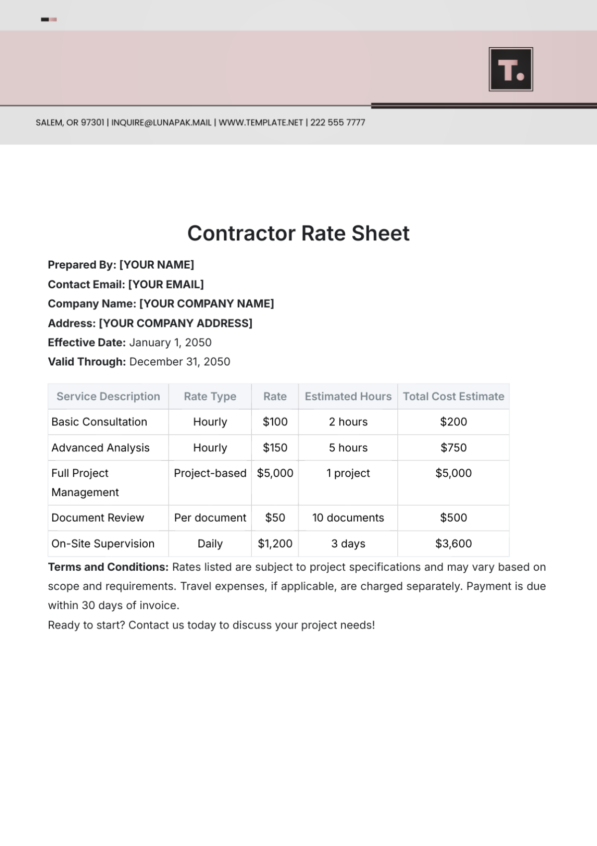 Contractor Rate Sheet Template - Edit Online & Download