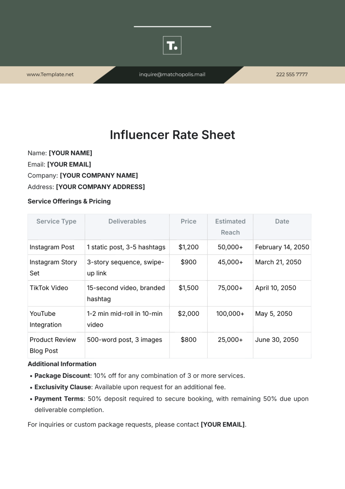 Influencer Rate Sheet Template - Edit Online & Download