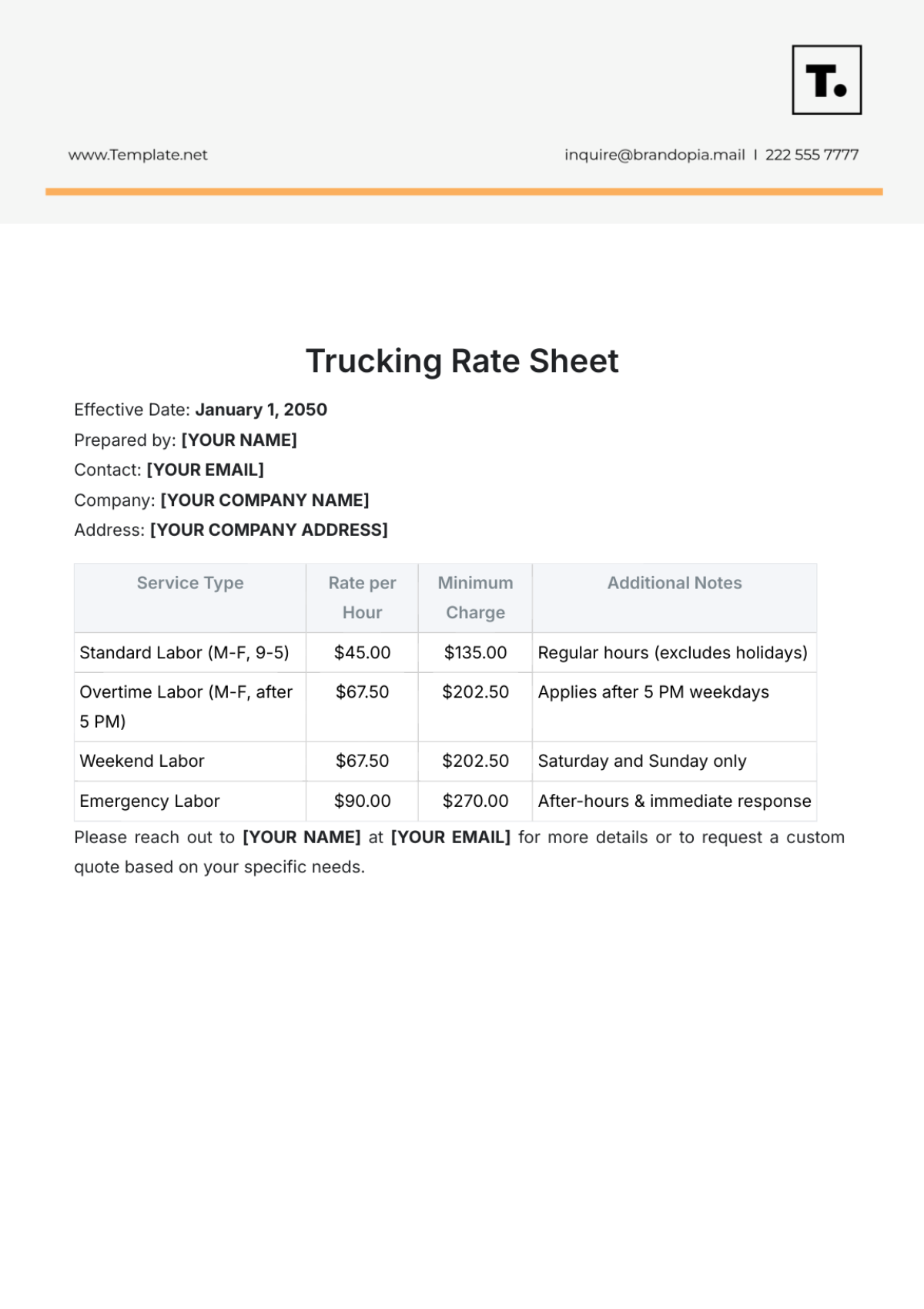 Trucking Rate Sheet Template - Edit Online & Download