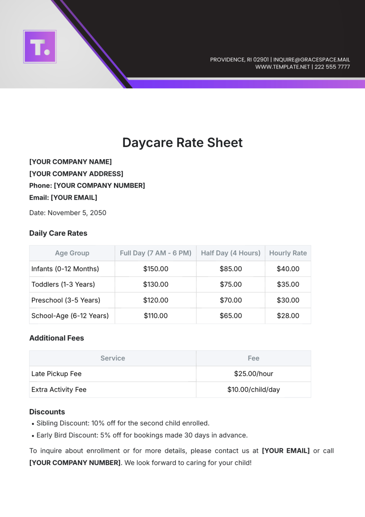 Daycare Rate Sheet Template - Edit Online & Download