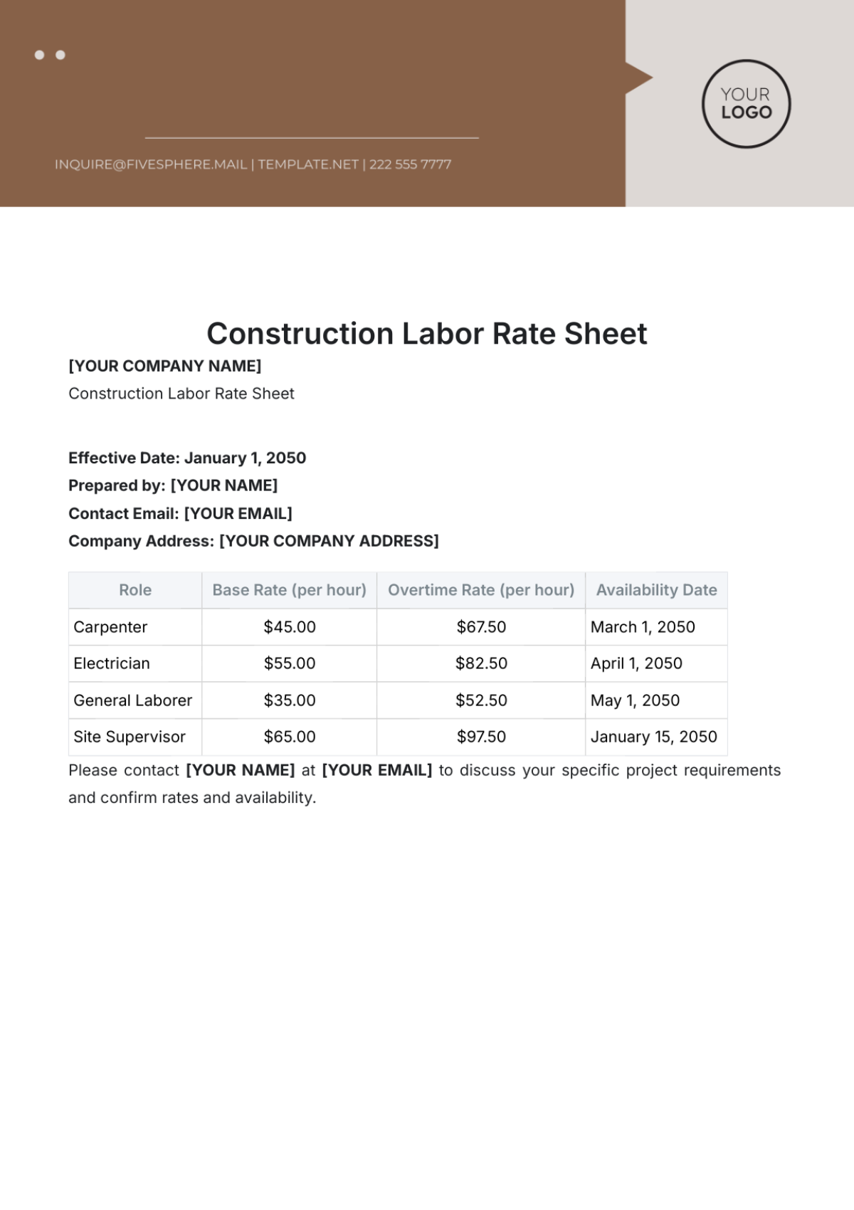 Construction Labor Rate Sheet Template - Edit Online & Download