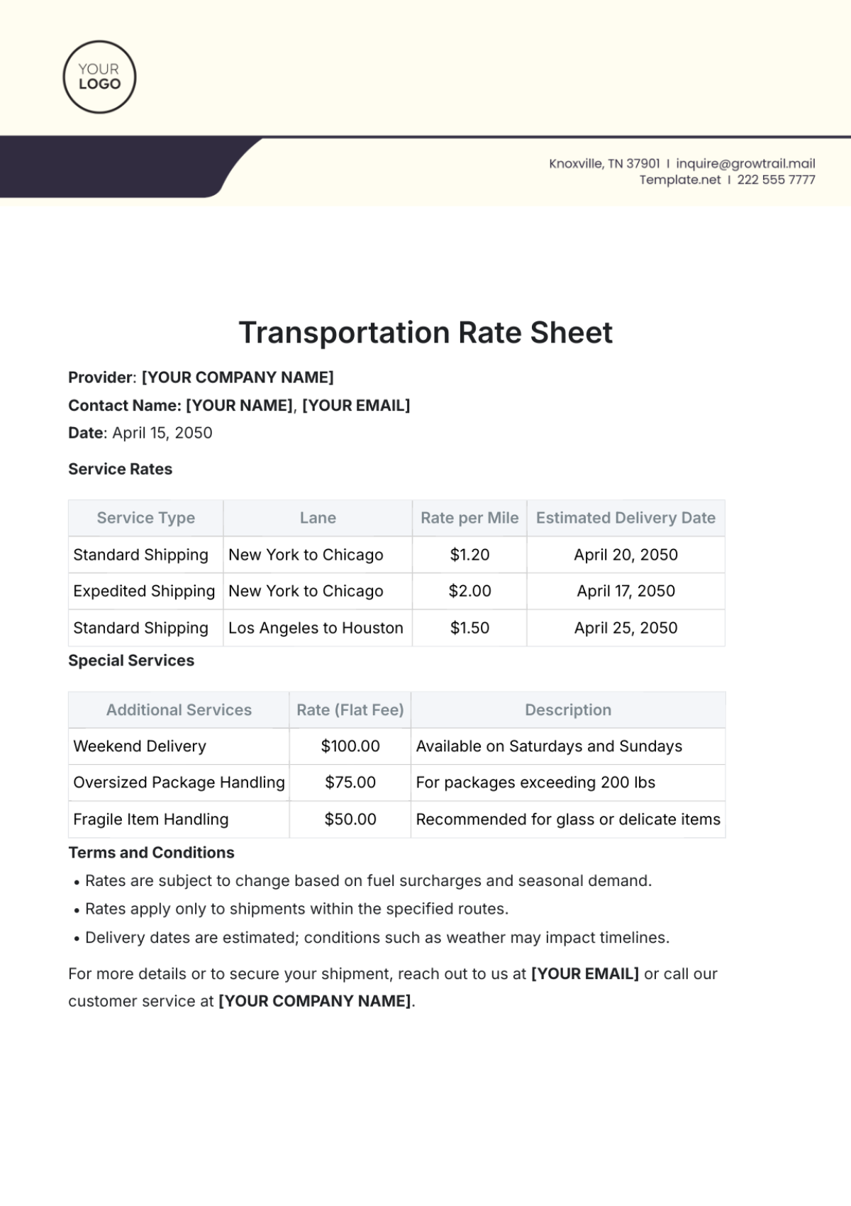 Transportation Rate Sheet Template - Edit Online & Download