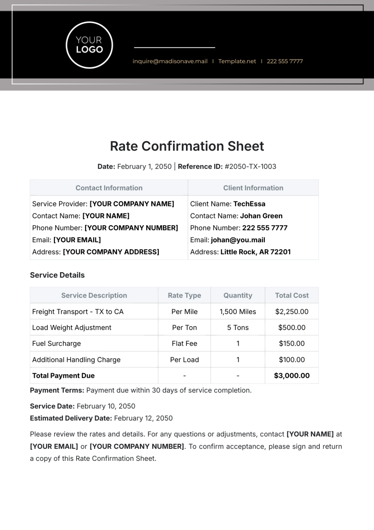 Rate Confirmation Sheet Template - Edit Online & Download