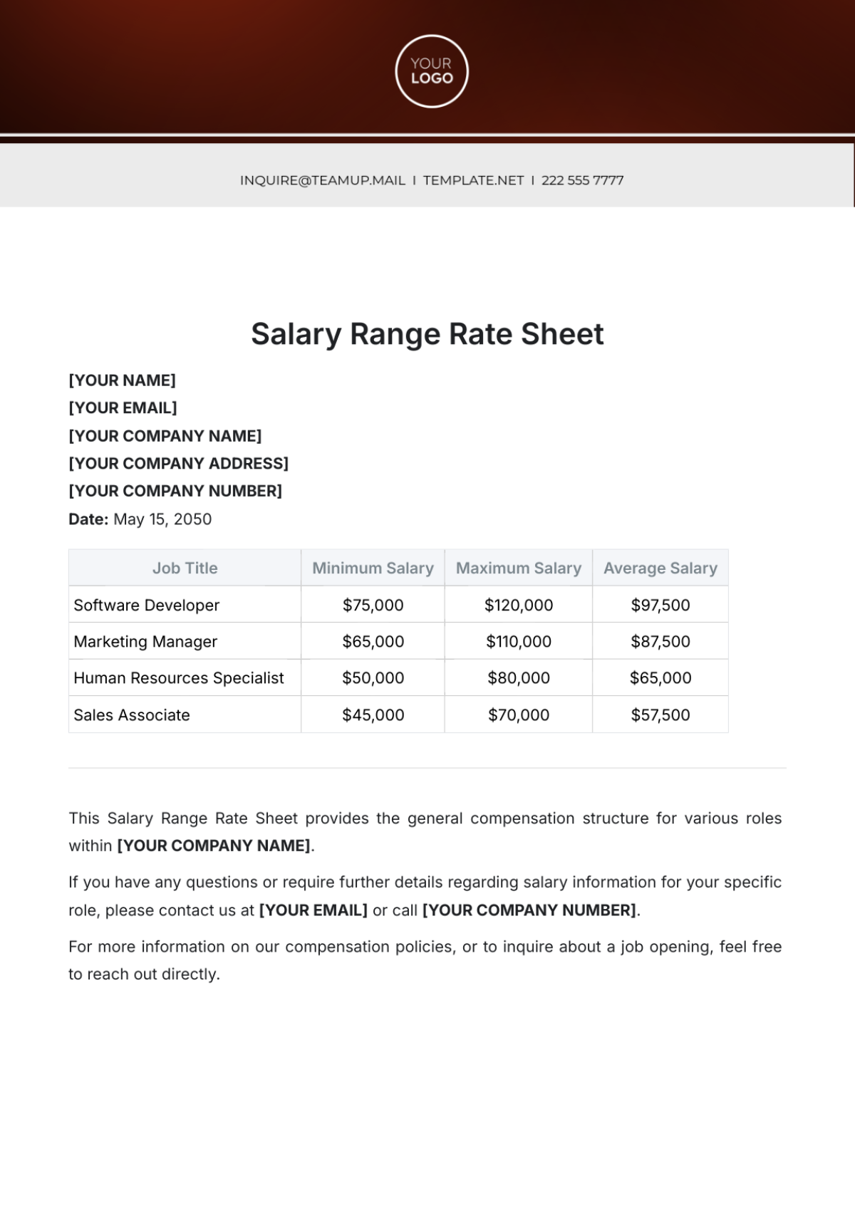 Salary Range Rate Sheet Template - Edit Online & Download