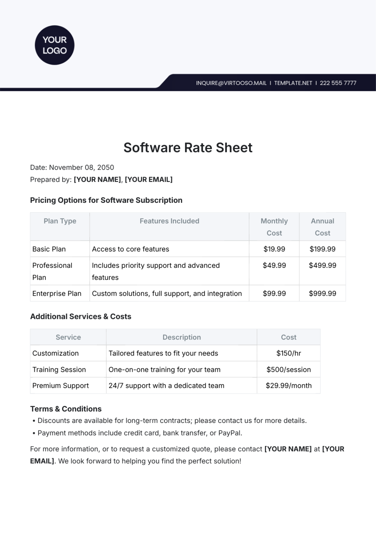 Software Rate Sheet Template - Edit Online & Download