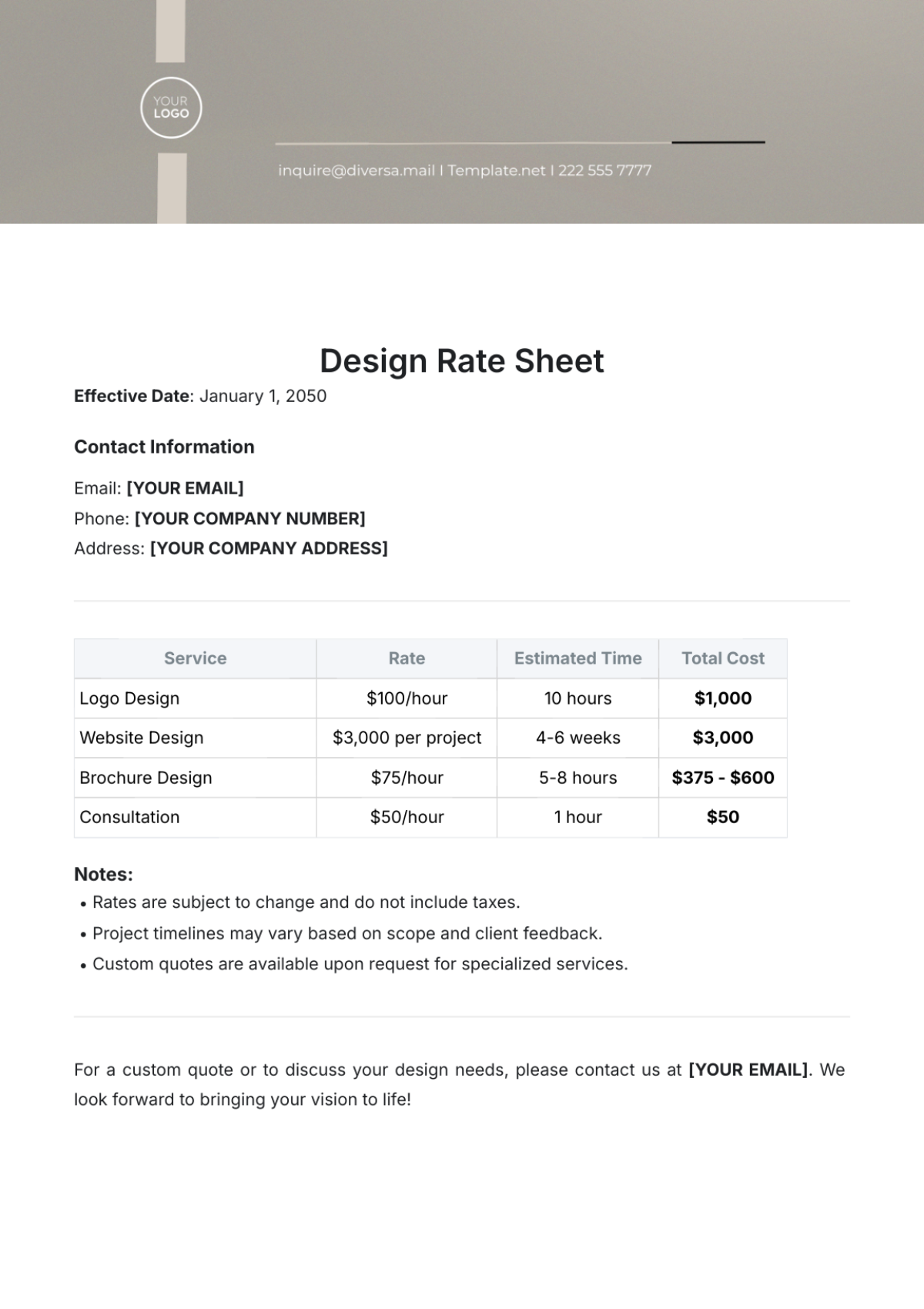 Design Rate Sheet Template - Edit Online & Download