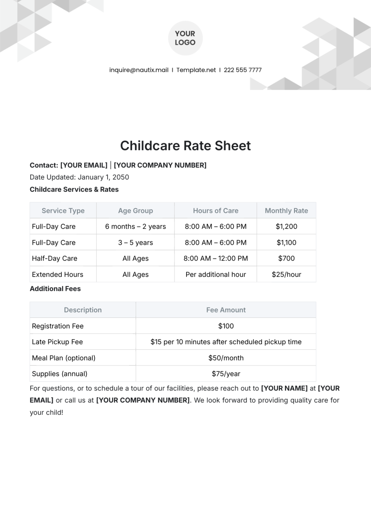 Childcare Rate Sheet Template - Edit Online & Download