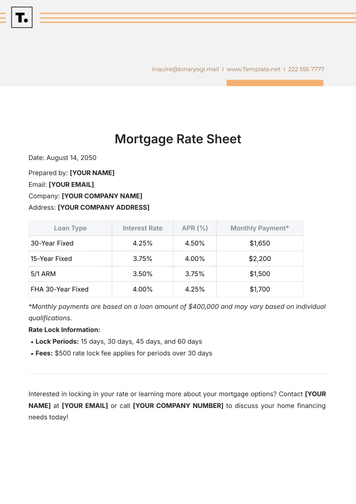 Mortgage Rate Sheet Template - Edit Online & Download