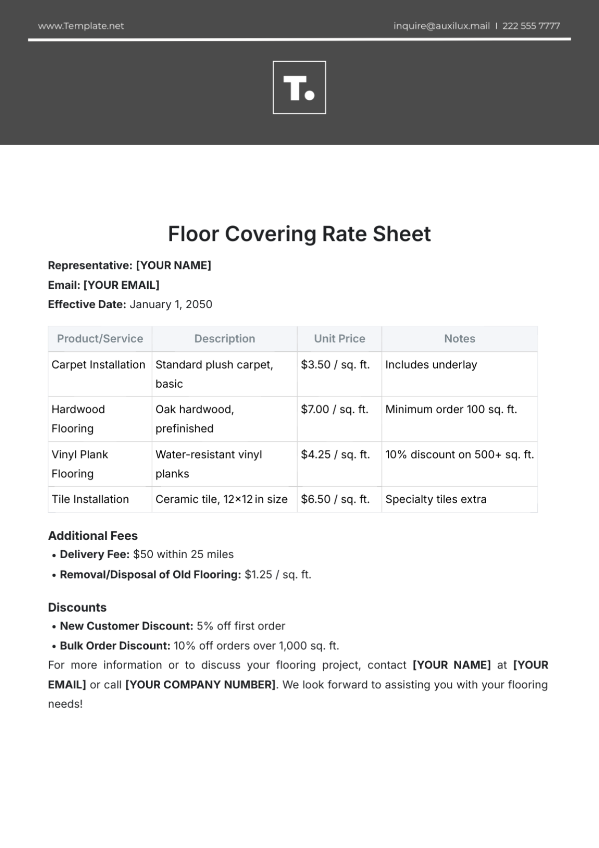 Floor Covering Rate Sheet Template - Edit Online & Download