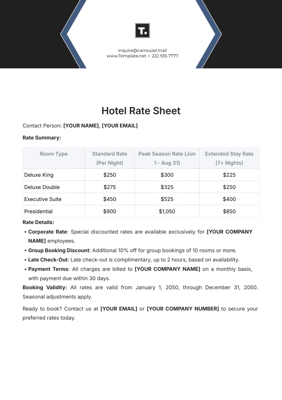 Hotel Rate Sheet Template - Edit Online & Download