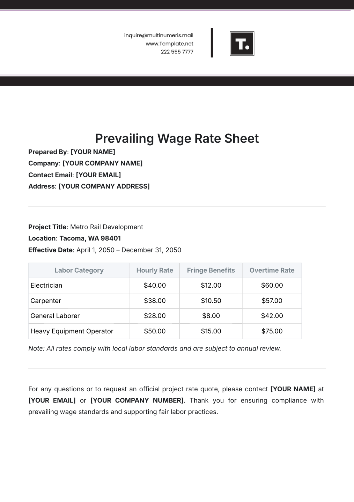 Prevailing Wage Rate Sheet Template - Edit Online & Download