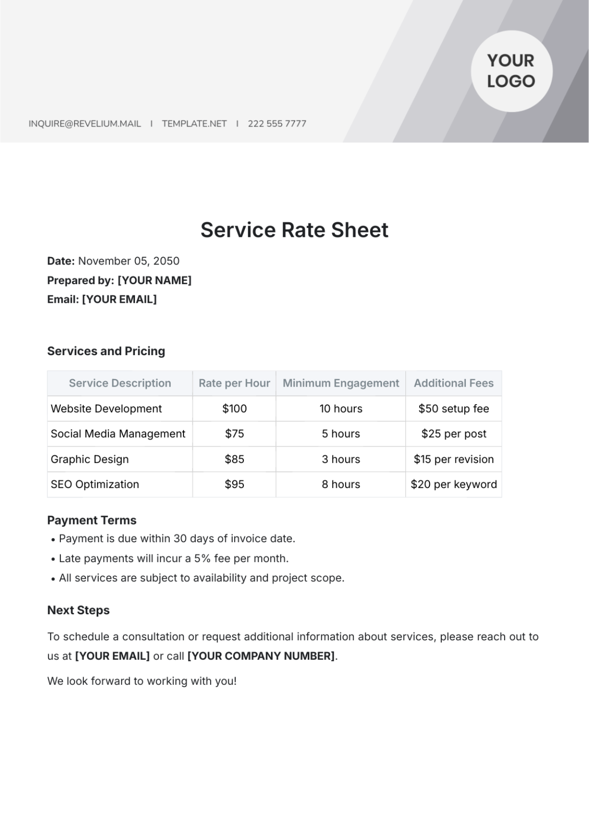 Service Rate Sheet Template - Edit Online & Download