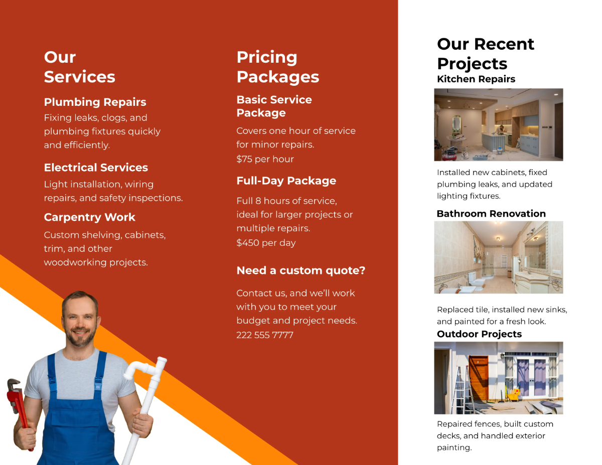Free Handyman Service Brochure Template to Edit Online